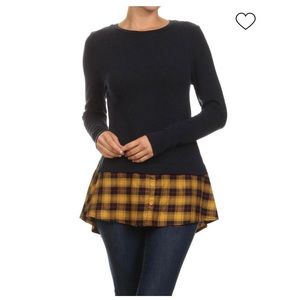 THML Navy Sweater with Yellow Plaid Detail - Small